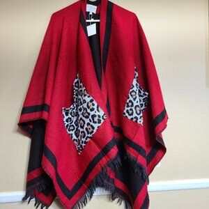 NWT HAYDEN PATCHWORK CAPE PONCHO RED BLACK LEOPARD WOMENS ONE SIZE